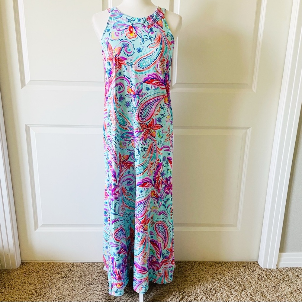 Stella Parker Collection Blue Frost Tropical Floral UPF 50 Maxi Dress